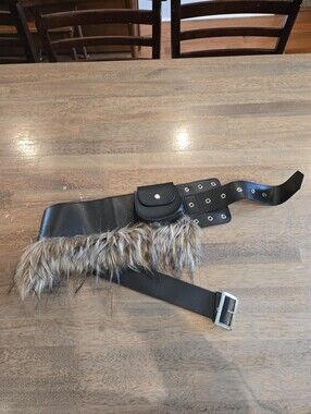 Black Faux Leather Utility Belt with Brown Faux Fur Trim